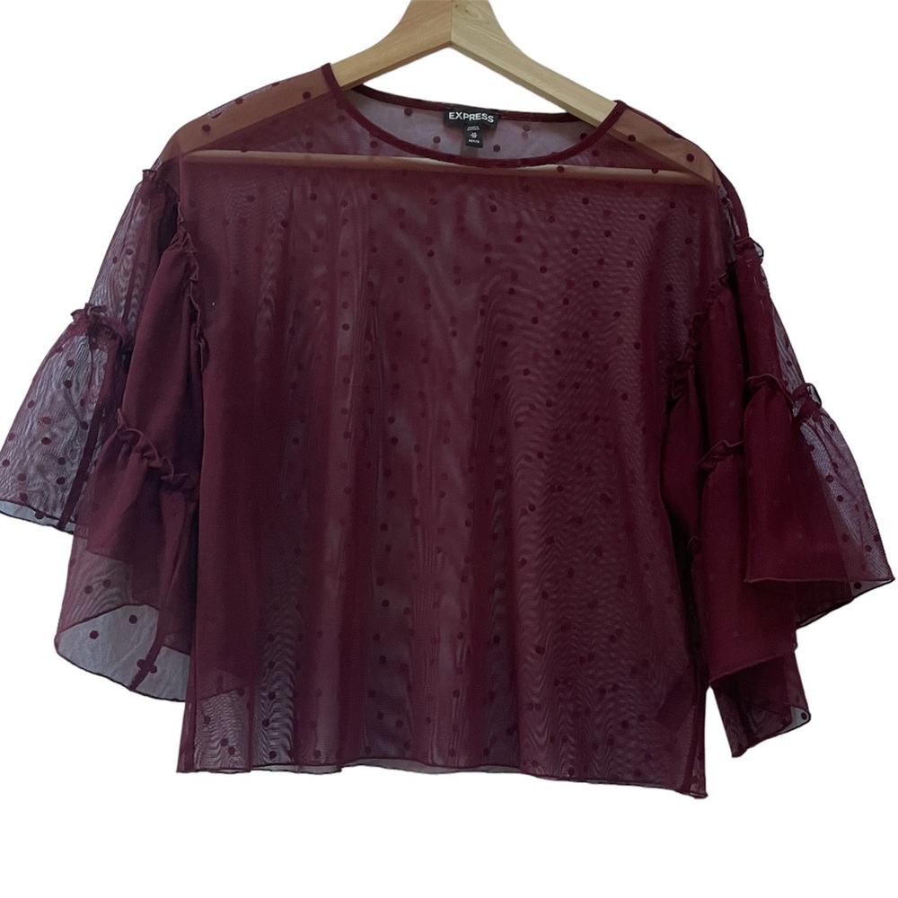 Sheer Burgundy top with flutter sleeve size XS petite